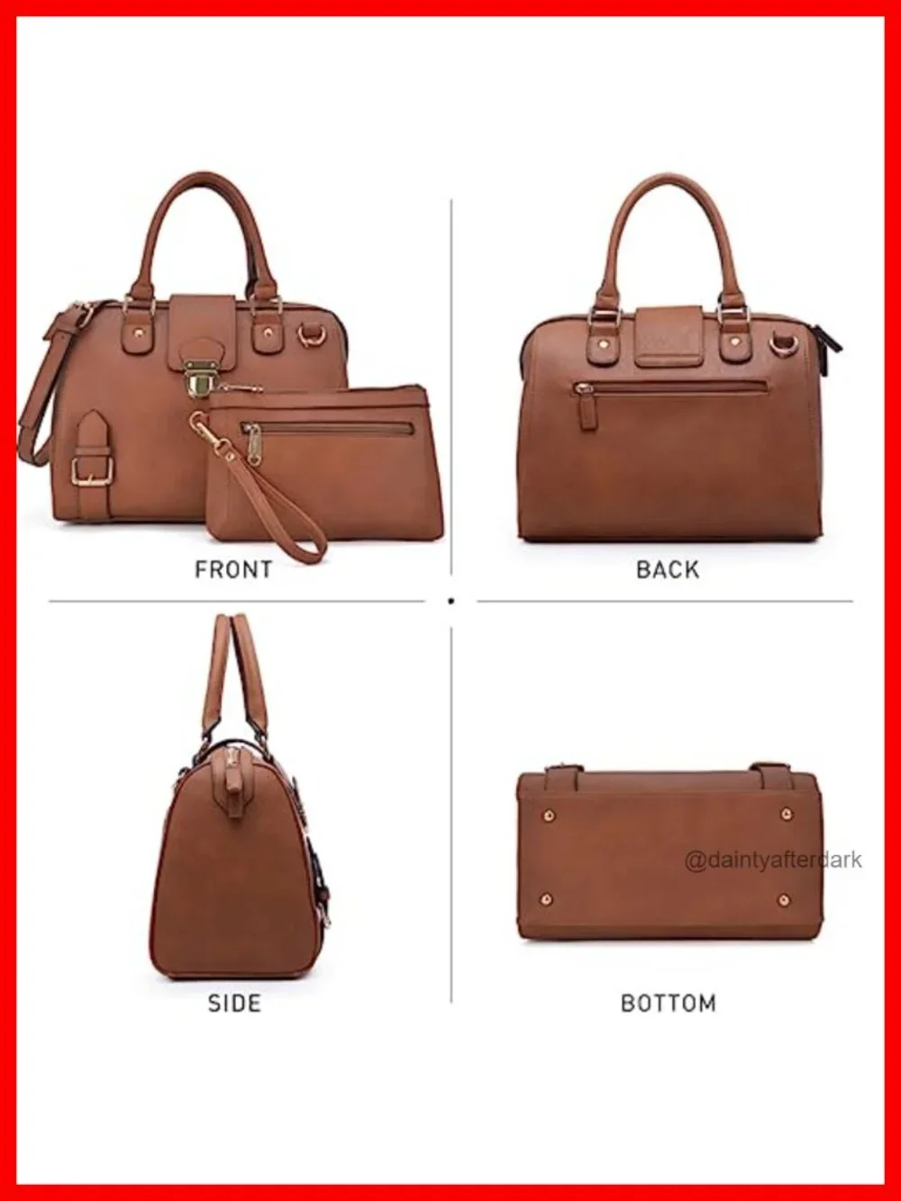 Vegan Leather Boston Satchel Tote Top Handle Work Bag Adjustable Strap